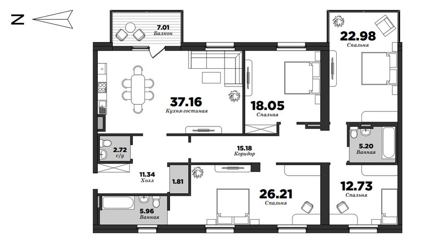 NEVA HAUS, Корпус 1, 4 спальни, 162.85 м² | планировка элитных квартир Санкт-Петербурга | М16